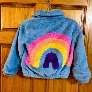 Lola + The Boys Fuzzy Blue Jacket with Rainbow Design